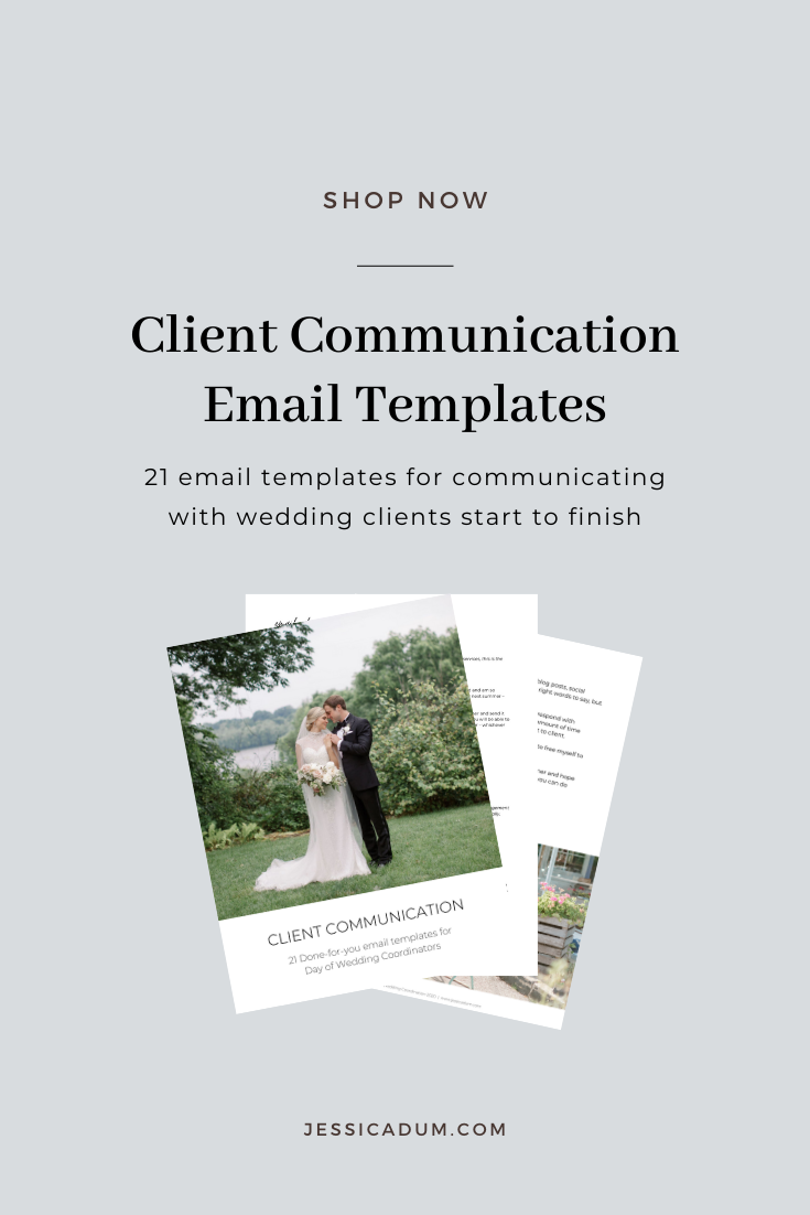 21 email templates for everything from inquiry and on-boarding to communicating important details and asking for a testimonial. Implementing email templates into your wedding client workflow will not only increase your productivity, but they will create a consistent client experience and save you hours in your wedding planning business. Snag the exact email templates my team and I use when communicating with both prospective and current clients!