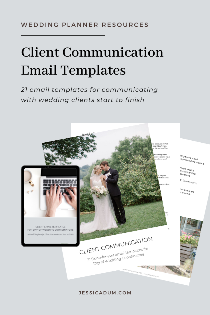 21 email templates for everything from inquiry and on-boarding to communicating important details and asking for a testimonial. Implementing email templates into your wedding client workflow will not only increase your productivity, but they will create a consistent client experience and save you hours in your wedding planning business. Snag the exact email templates my team and I use when communicating with both prospective and current clients!