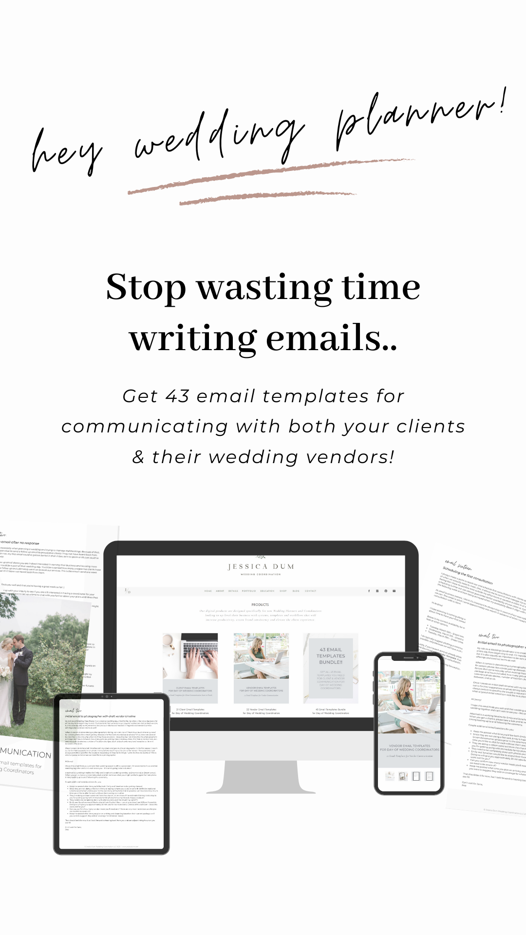 Email Response Templates for Wedding Planners. Get the exact email templates I use for communicating with clients AND their wedding vendors quickly and efficiently every time that ultimately saves me hundreds of hours a year. Save time in your wedding planning business by implementing email templates that ensure you communicate and collect all pertinent information with prospective and current wedding clients as well as all of their wedding vendors every single time. Or snag the exact email copy my team and I use when communicating with clients and vendors throughout the wedding planning process. | Wedding Planner Resources
