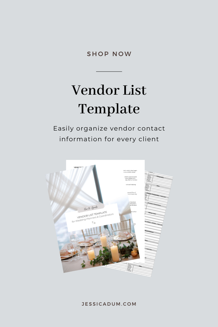 Looking for an easy way to organize your client’s vendor contact information? Our Vendor List Template is a fillable, easy-to-use file that provides a way for you to collect and organize all vendor information in one place. I created this template as a way to not only ensure I receive all the contact information I need for the major vendors involved in a client’s wedding day, but it also elevates the client experience by providing a valuable tool for them to use throughout the wedding planning process. Snag the exact vendor list template my team and I use to collect, track and organize vendor information for every client!