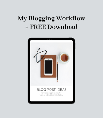 Over the years, I've created a tried-and-true blogging workflow that I follow every time I sit down to write a new blog post. From selecting blog topic ideas to scheduling and sharing the blog post itself. And I want to help YOU establish a blogging workflow too so that you can reach more ideal clients and share your wealth of knowledge with the world! Plus, I've created a free list of 72 blog post ideas for wedding planners that you can snag here! #bloggingworkflow #growyourblog